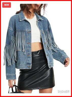 Oversized Fringed Denim Jacket Western Tassel Coat